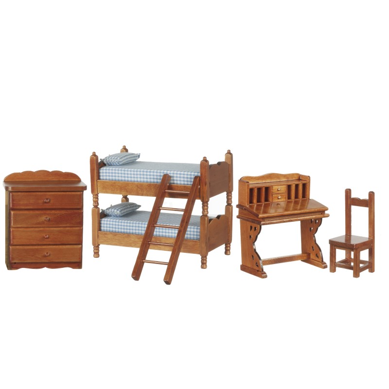 Dolls House Walnut Bedroom Furniture Set with Bunk Bed & Desk Miniature 112